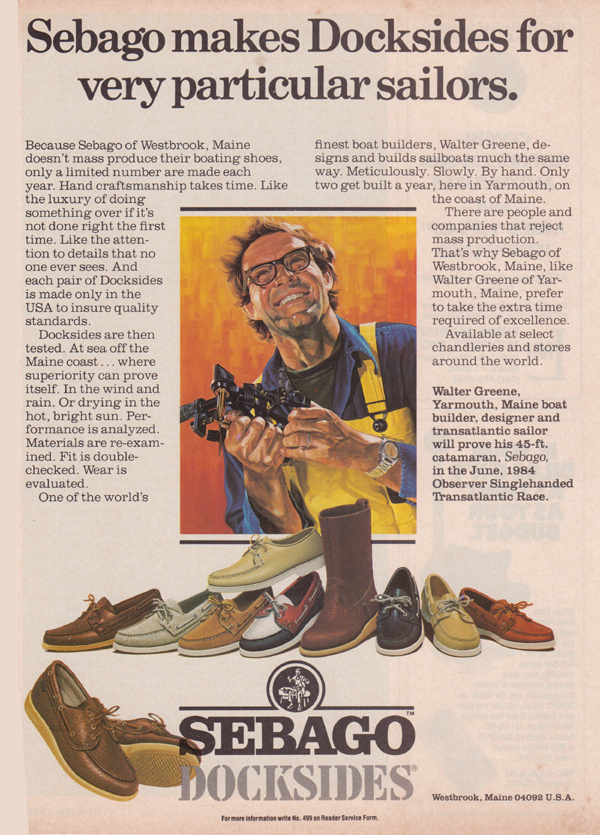 Sebago Docksides shoe ad with Walter Greene boats